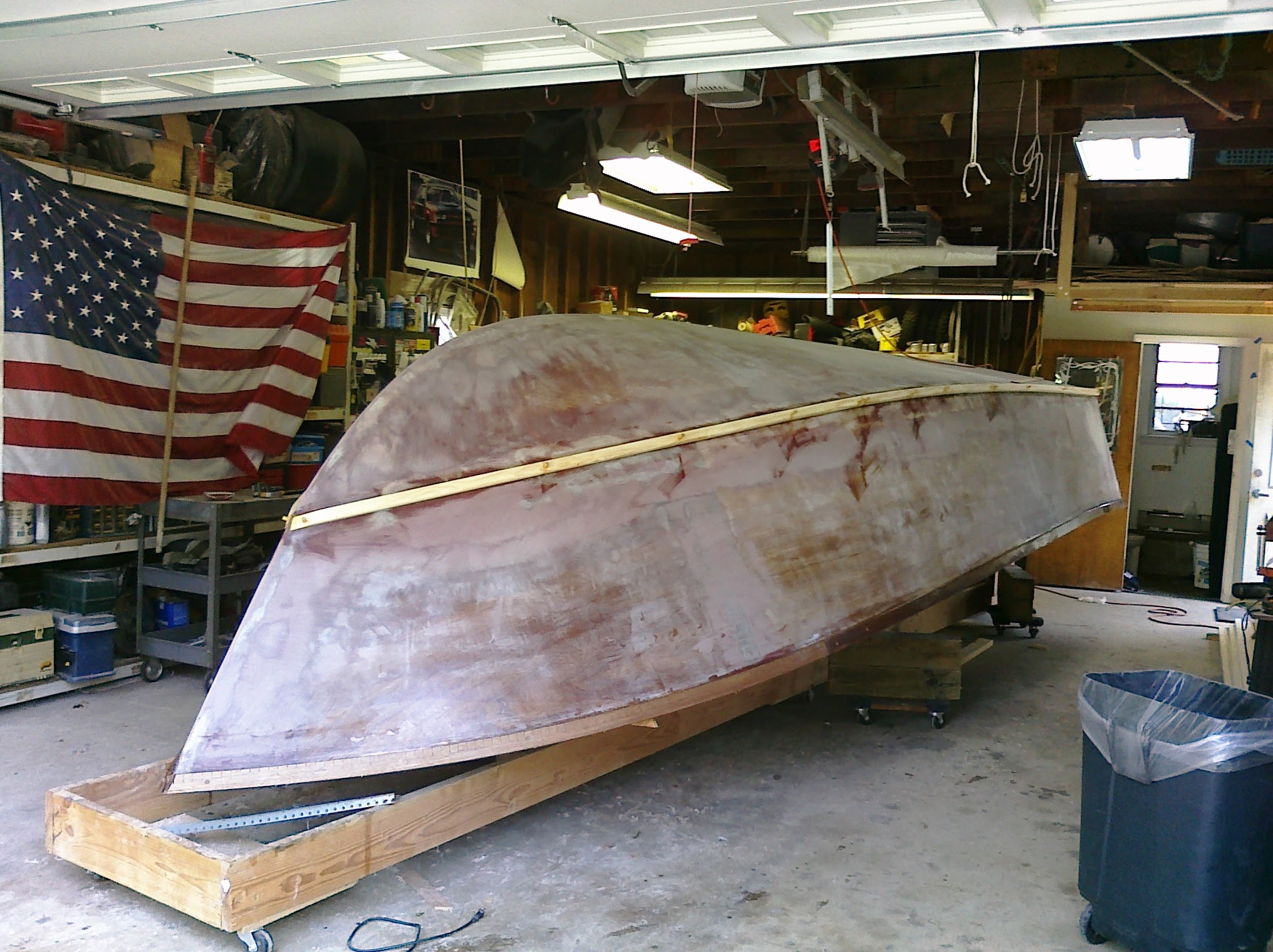 Hull inverted on building cradle