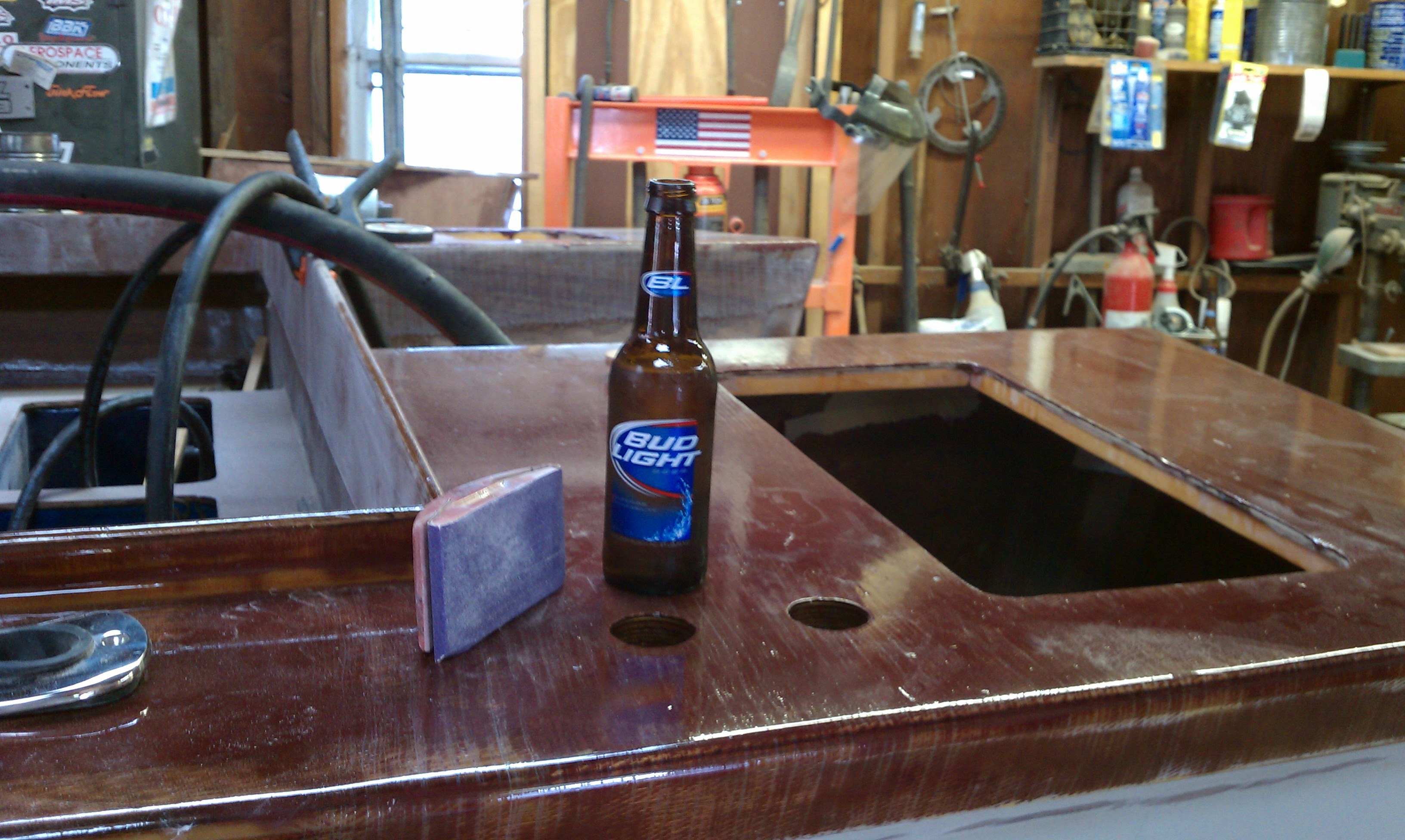 Bud Light on raw wooden deck during build
