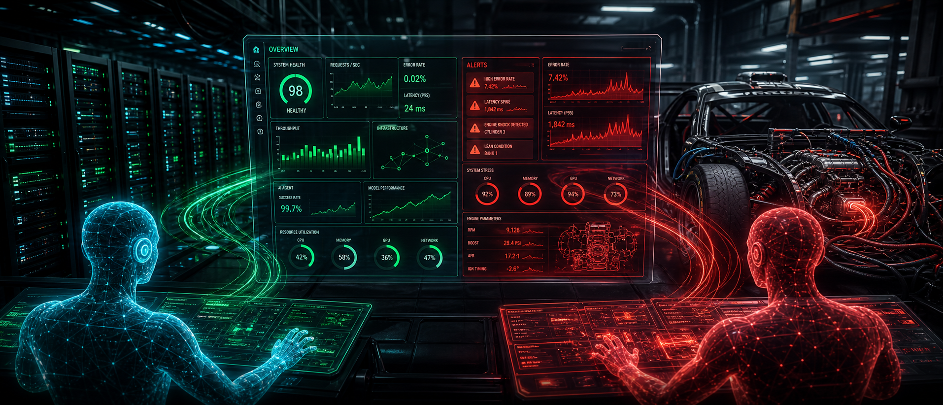 Green and red AI operator figures monitor an infrastructure dashboard beside an exposed-engine race car.