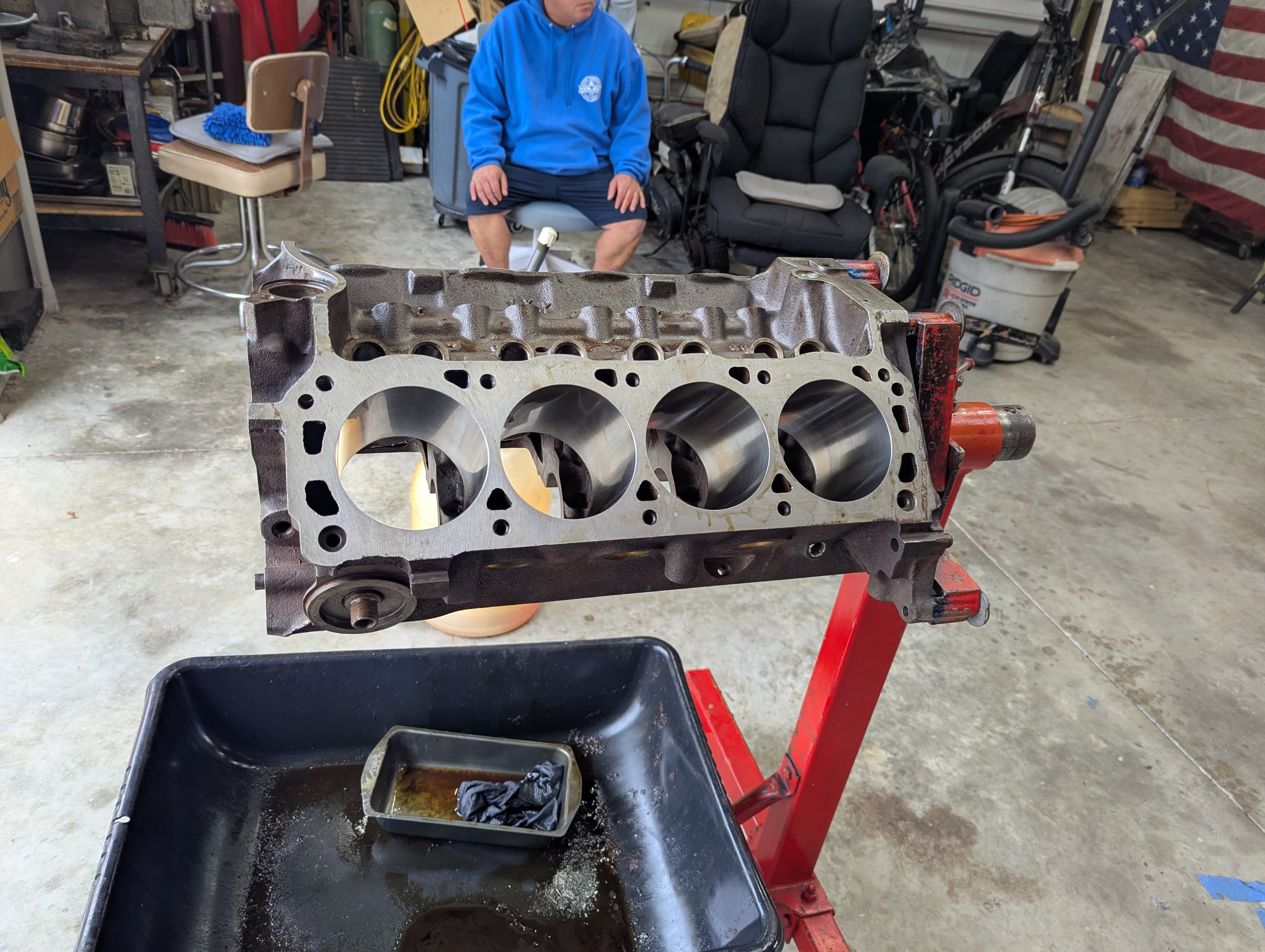 Bare machined block on engine stand