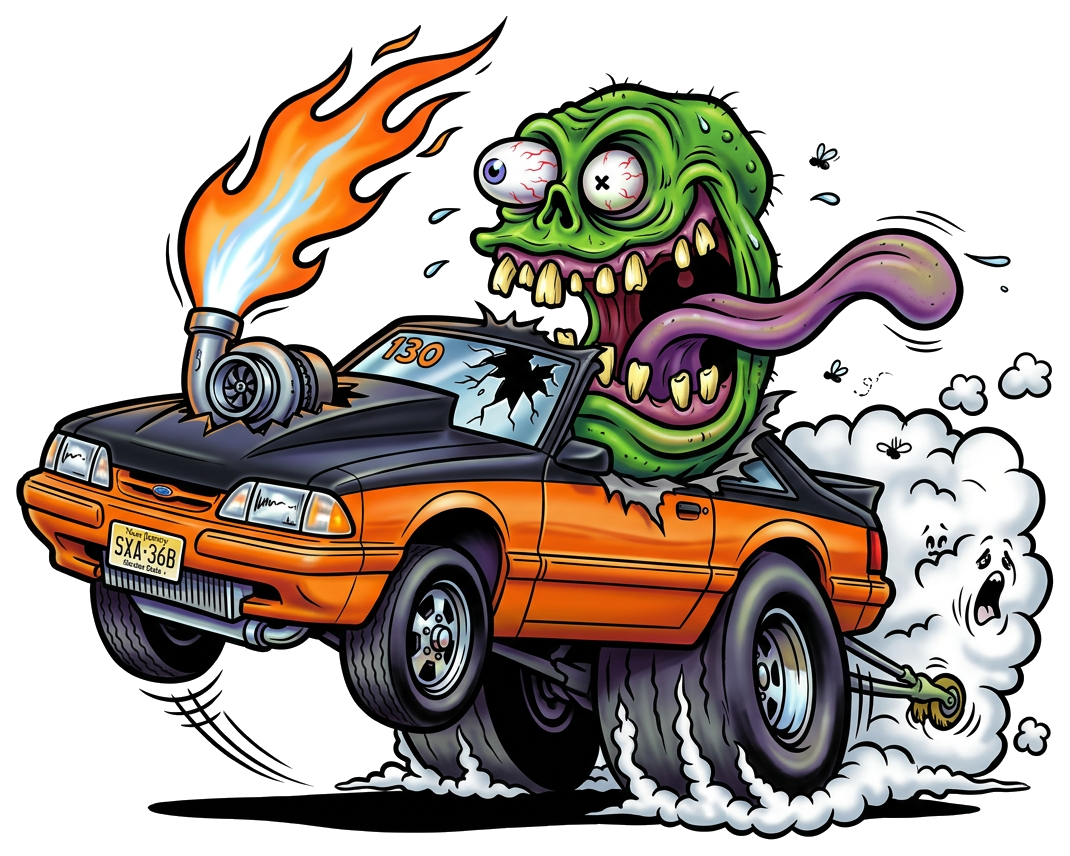 Kustom Kulture monster cartoon of the orange and black FastLane Mustang: a green fink bursting through the roof, turbo flame through the hood, wheels up with tire smoke flying